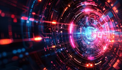 Fototapeta premium Futuristic digital technology background with metallic textures and glowing elements.