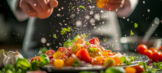 Chef sprinkling herbs on a colorful salad in kitchen - Powered by Adobe