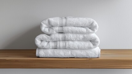A stack of pristine, white towels neatly folded on a minimalist wooden shelf, creating a sense of cleanliness and order.