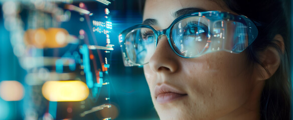 Young woman using advanced augmented reality glasses in a tech environment
