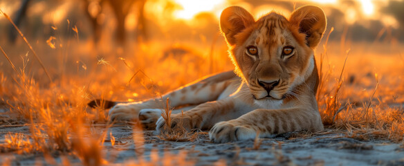 Young lion cub resting on savannah at golden hour