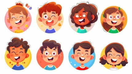 Illustration of happy kids, smiling children, boy and girl avatars, in circles. Illustration of happy kids, children smiles.