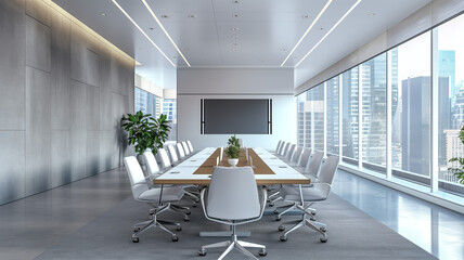 Modern conference room with city view and large table