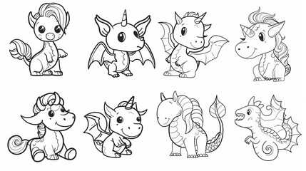 Magic fantasy creatures - unicorns, dragons, dinosaurs, fairies, and mermaids, simple thick lines. Vectorization options available.