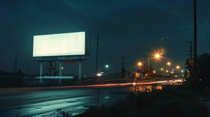 White billboard standing tall on a quiet road at night, headlights of distant cars, clear night sky