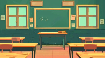 School classroom interior board desk flat modern illustration