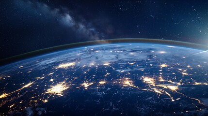 A detailed satellite view of Earth at night, with illuminated city lights highlighting global population centers and connectivity, set against the dark backdrop of space.