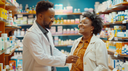 Obraz premium Senior Woman Assisted by Young Pharmacist in Well-Stocked Pharmacy