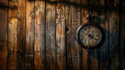Vintage clock hanging on a rustic chain, against a wooden cabin wall, studio lighting