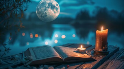 Tranquil Ramadan night, an open Holy Quran under a glowing full moon, soft light reflections