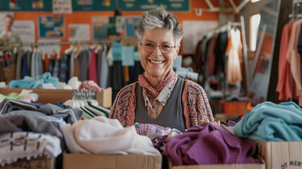 Senior Volunteer Packing Clothes in Donation Center