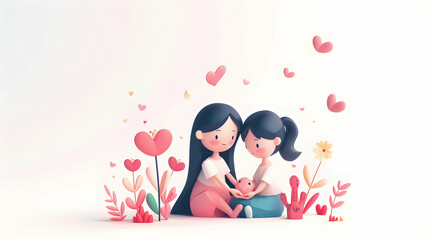 Bonding moments between mum and kid in glossy 3D flat icon art