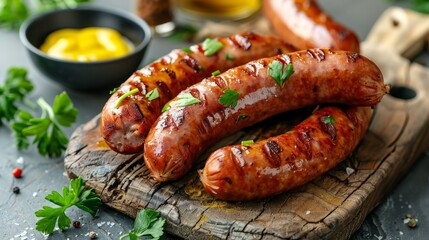 Fototapeta premium Traditional boiled sausages on a rustic board, garnished with parsley and served with mustard, grey background