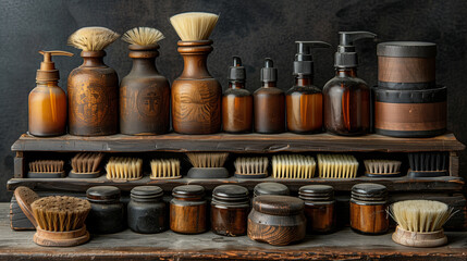 Shoe Polishing Kit - Photo of a shoe polishing kit with various brushes, polishes, and tools arranged on a small stool