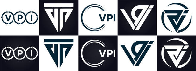 VPI logo. V P I design. White VPI letter. VPI, V P I letter logo design. V P I letter logo design in FIVE, FOUR, THREE, style. letter logo set in one artboard. V P I letter logo vector design.