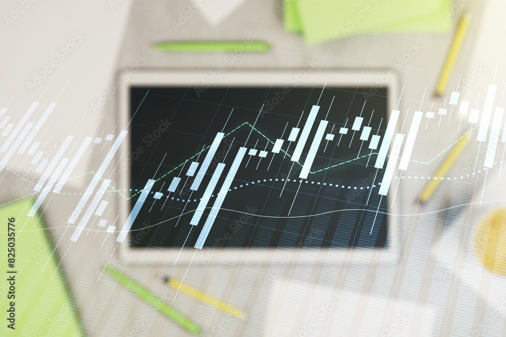 Poster multi exposure of abstract creative financial chart and digital tablet on background, top view, rese