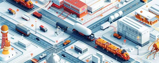Aerial view of urban industrial landscape with logistics, trucks, and warehouses in vibrant orange and white tones.