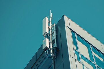Close-up of a modern 5G telecommunications antenna on a building facade against a clear sky, symbolizing advanced wireless technology.