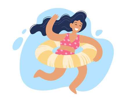 Travel destinations summer. Happy woman running with a swim ring. Concept vector illustration