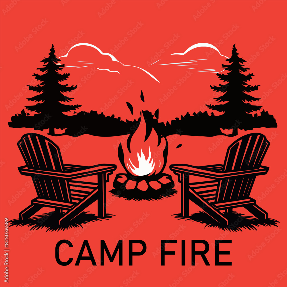 Wall mural campfire engraving black and white outline bonfire clipart drawing vector