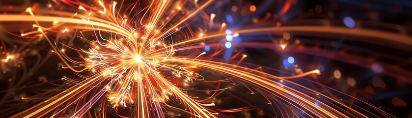 Abstract light trails and sparks forming dynamic lines and patterns in an energetic and vibrant abstract display of long exposure light photography.