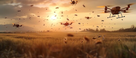 A smart drone swarm dispersing beneficial insects across a field, guided by AI algorithms to target...
