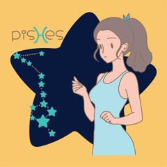Woman with ponytail hair. Pisces zodiac, astrological sign, constellation, word and star. Hand drawn flat cartoon character vector illustration.