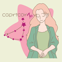 Woman with long hair, holding hands. Capricorn zodiac, astrological sign, constellation, word and star. Hand drawn flat cartoon character vector illustration.