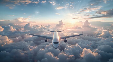 Airplane flying above the clouds during sunset, perfect for travel, aviation, and inspirational content.