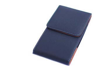 Black leather bag case for keeping smartphone on white background. Concept, accessory for containing mobile phone, waist belt  vertical type.    
