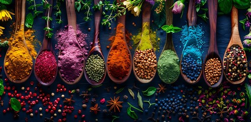 Assortment of colorful spices and herbs in wooden spoons arranged in a row, showcasing a vibrant...