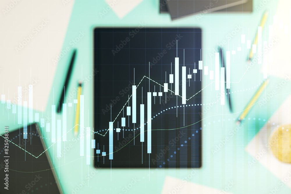 Aufkleber multi exposure of abstract creative financial graph and modern digital tablet on background, top vie