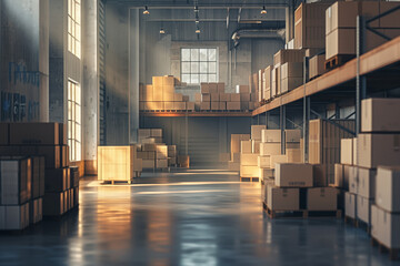 Sunlit Warehouse with Stacked Boxes and Pallets

