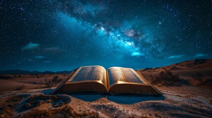 Quran open under the starry night sky, desert landscape bathed in mystical rays of light