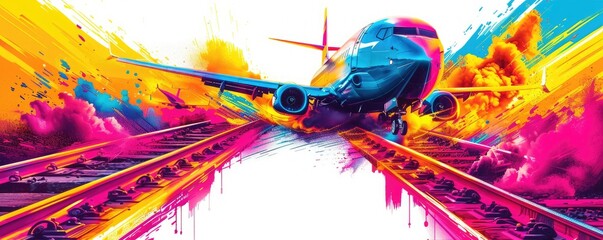 Vibrant digital art of an airplane landing on colorful tracks, merging aviation with artistic expression in a burst of bright hues.