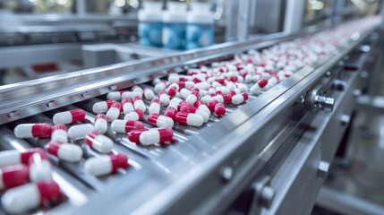 Obraz premium Pills being transported on a conveyor in a pharmaceutical facility, precise engineering, modern equipment