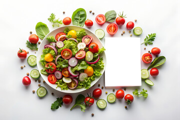 White isolated billboard mockup. Fresh vegan organic vegetable salad flat lay on the white background, top view. Copy space. Advertisement for your text, brand name.