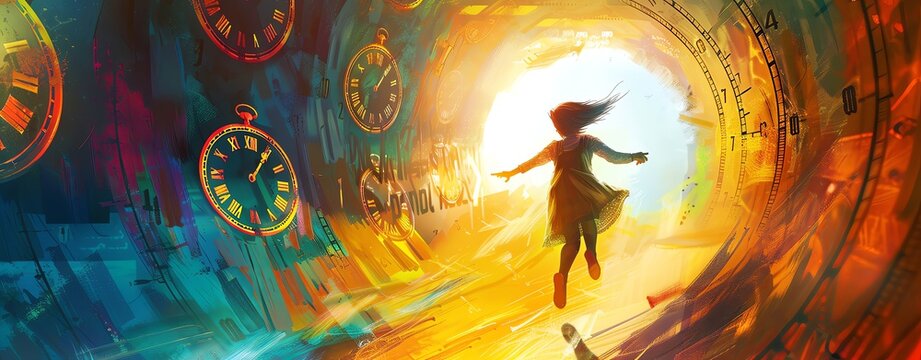 Concept art of a girl running in a time tunnel with clocks, in the surrealistic style, colorful, with a pastel color palette, soft lighting, a wide shot, high resolution