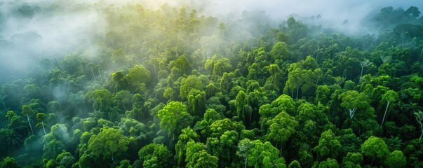 Aerial view of lush green tropical rainforest covered in mist, sunlight breaking through in the background, highlighting the dense foliage.
