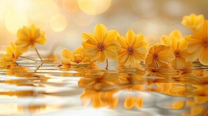Photo of yellow flowers floating on water with reflection - Powered by Adobe