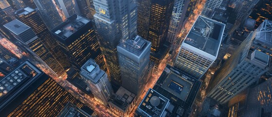 An aerial shot of a financial district at night, with skyscrapers lit up and bustling with...
