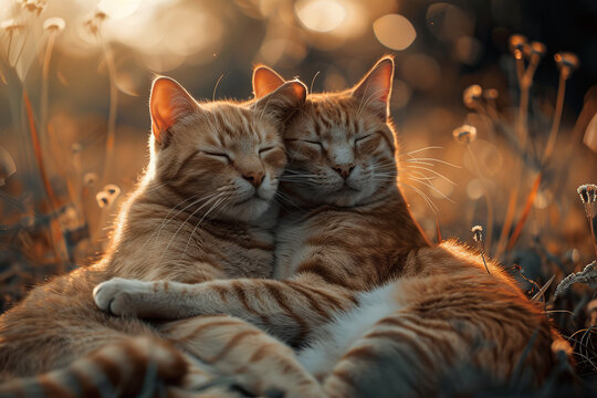 Cople of nice red cats holding each other. Fine concept for celebrating Cheer up the Lonely Day 1th July