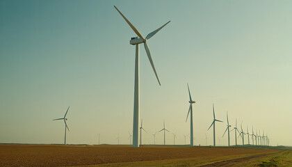 Numerous wind turbines are standing in a field under the bright sun, harnessing renewable energy with their rotating blades