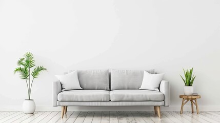 Modern interior design of a living room with an empty wall mockup, wooden floor and grey sofa. Scandinavian home interior design of a modern minimalistic entrance hall in a house or apartment.