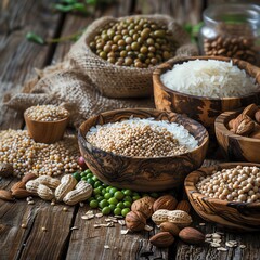 Naklejka premium Various grains and nuts in wooden bowls on a rustic table.