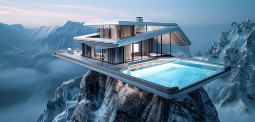 A futuristic cabin isolated on a mountain peak, featuring a rooftop swimming pool with transparent floors and walls. 