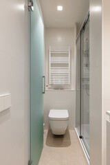 Modern minimalist bathroom with wall-mounted toilet and glass shower