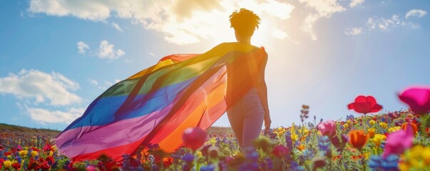 Proud LGBTQ individual draped in pride flag, standing in colorful flower field, sunlit, strong pose, natural background, vibrant colors, copy space.