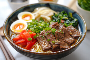 Fototapeta premium Beef noodles with green onion and chili, vegetables, eggs,sauce served in a bowl isolated on table top view of taiwanese food
