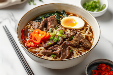 Beef noodles with green onion and chili, vegetables, eggs,sauce served in a bowl isolated on table top view of taiwanese food